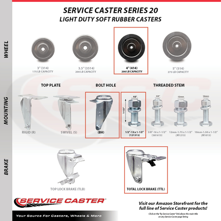 Service Caster 4 Inch SS Soft Rubber Swivel ½ Inch Threaded Stem Caster Set Total Lock Brake SCC-SSTSTTL20S414-SRS-121315-4